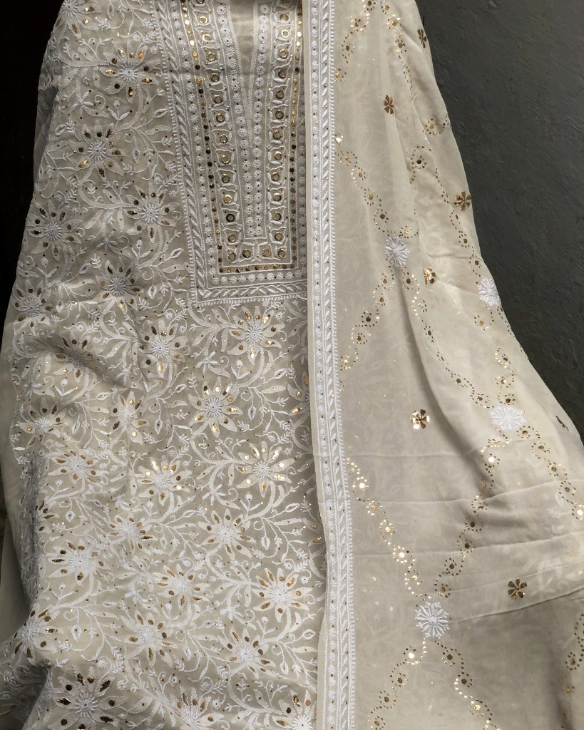 Off-White Pure Georgette Chikankari Kurta Dupatta Set