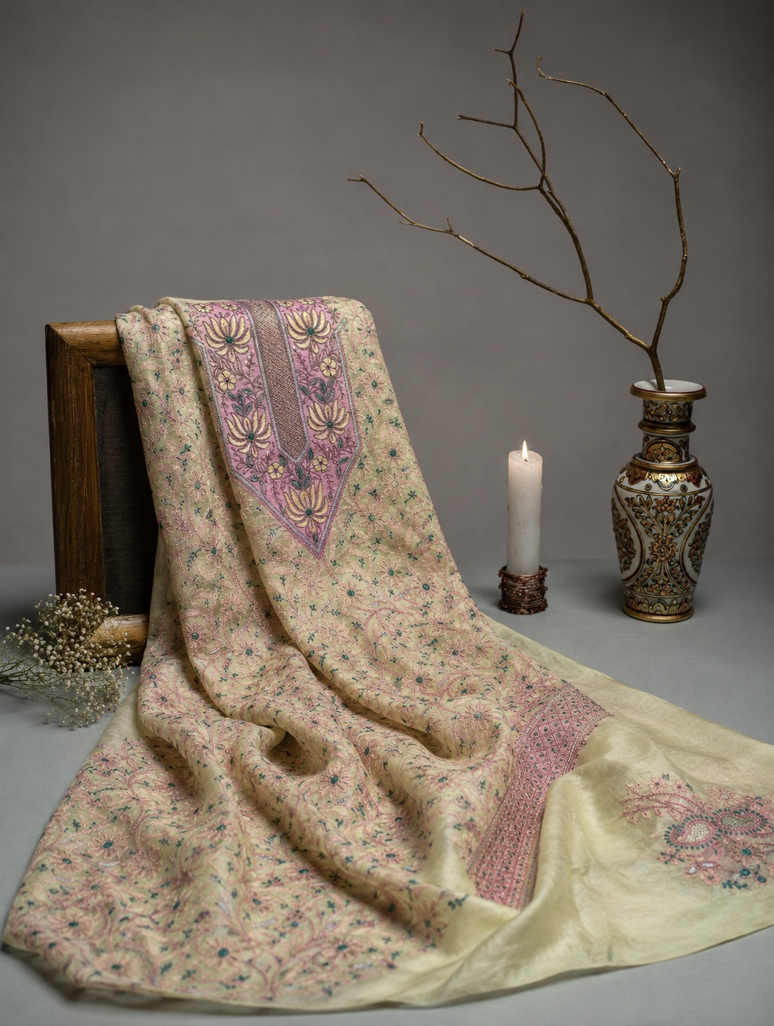 Light Yellow Tussar Silk Chikankari Kurta Piece - Image 1