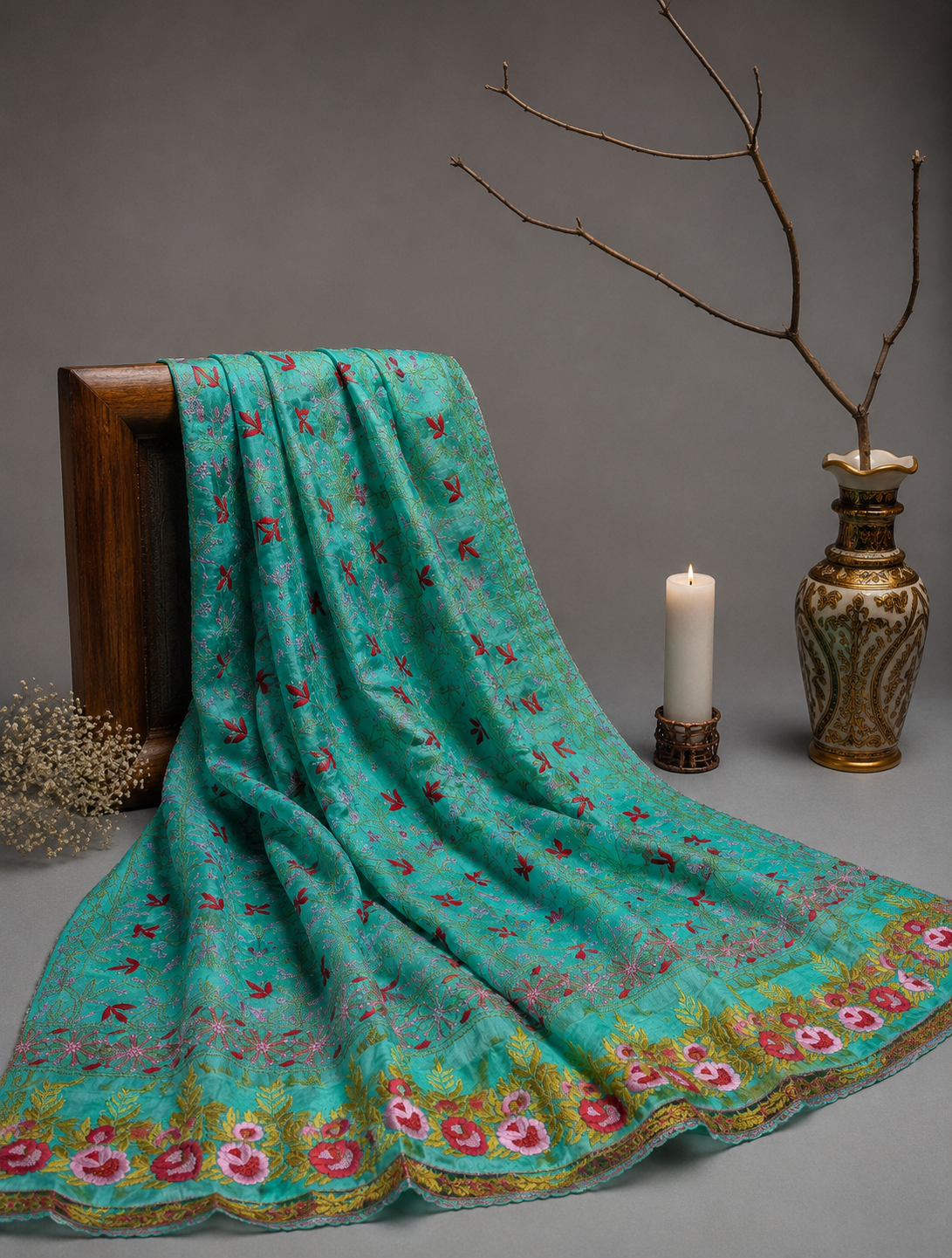 Peacock Green Muga Tussar Chikankari Kurta Piece with Parsi Gara Work - Image 1
