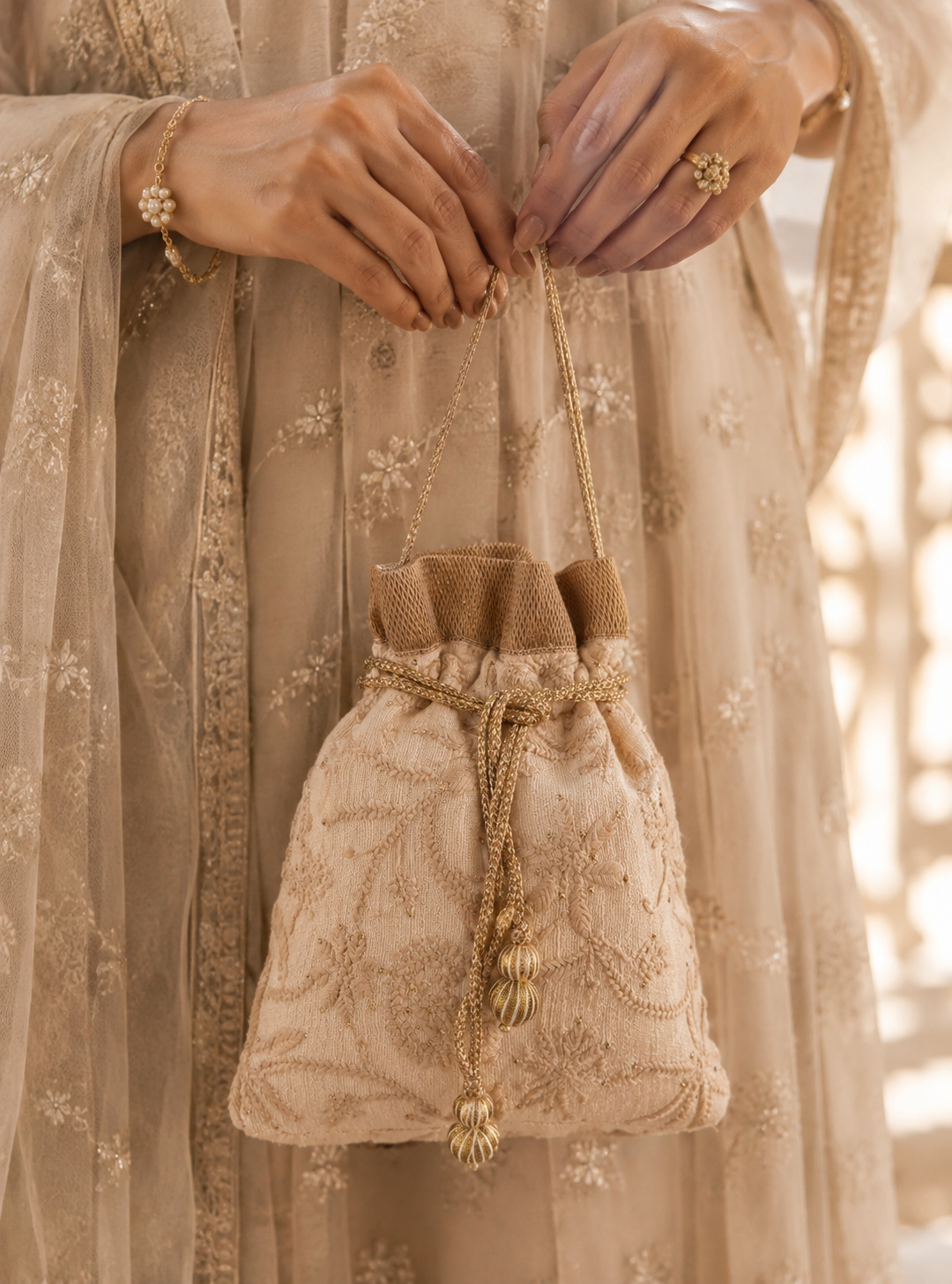 Pure Matka Silk Chikankari Potli - Image 1