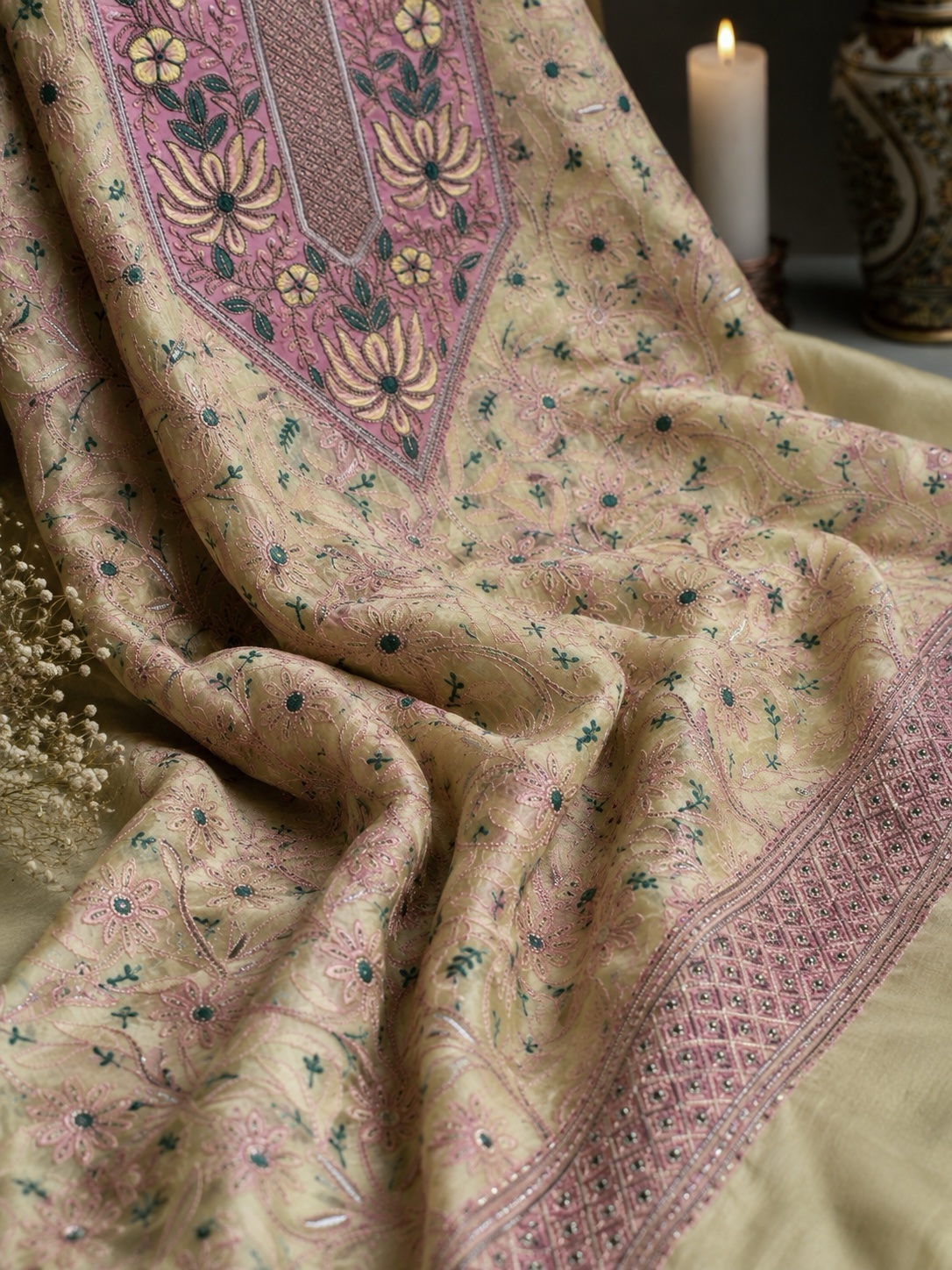 Light Yellow Tussar Silk Chikankari Kurta Piece - Image 2