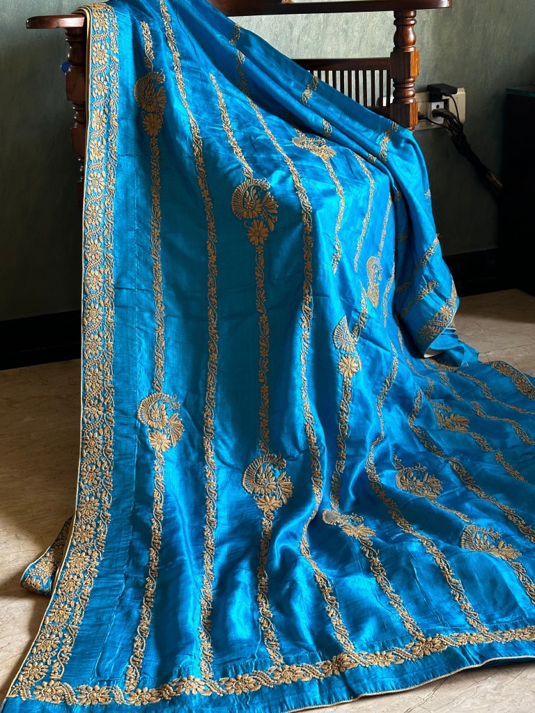 Blue Muga Tussar Silk Chikankari Saree