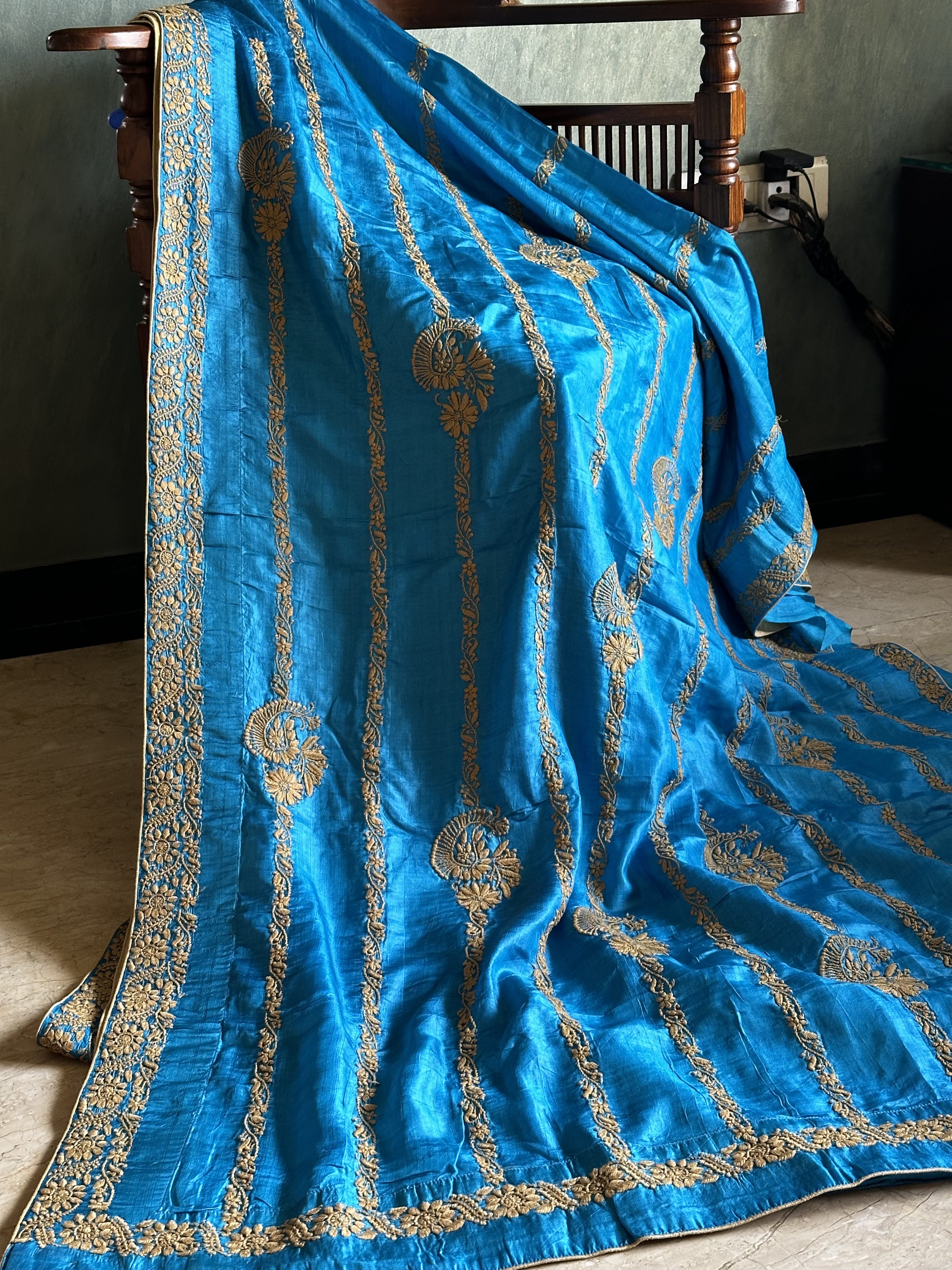 Blue Muga Tussar Silk Chikankari Saree - Image 4