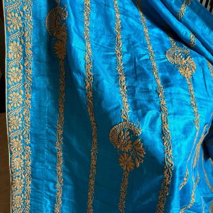 Blue Muga Tussar Silk Chikankari Saree - Image 5
