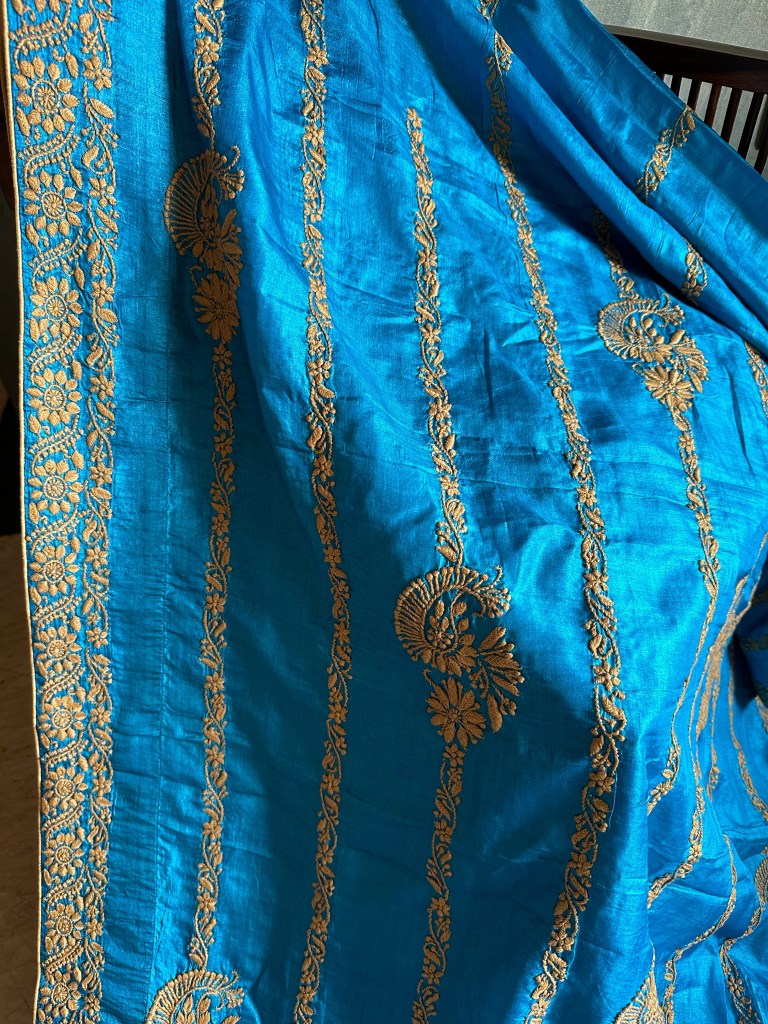 Blue Muga Tussar Silk Chikankari Saree