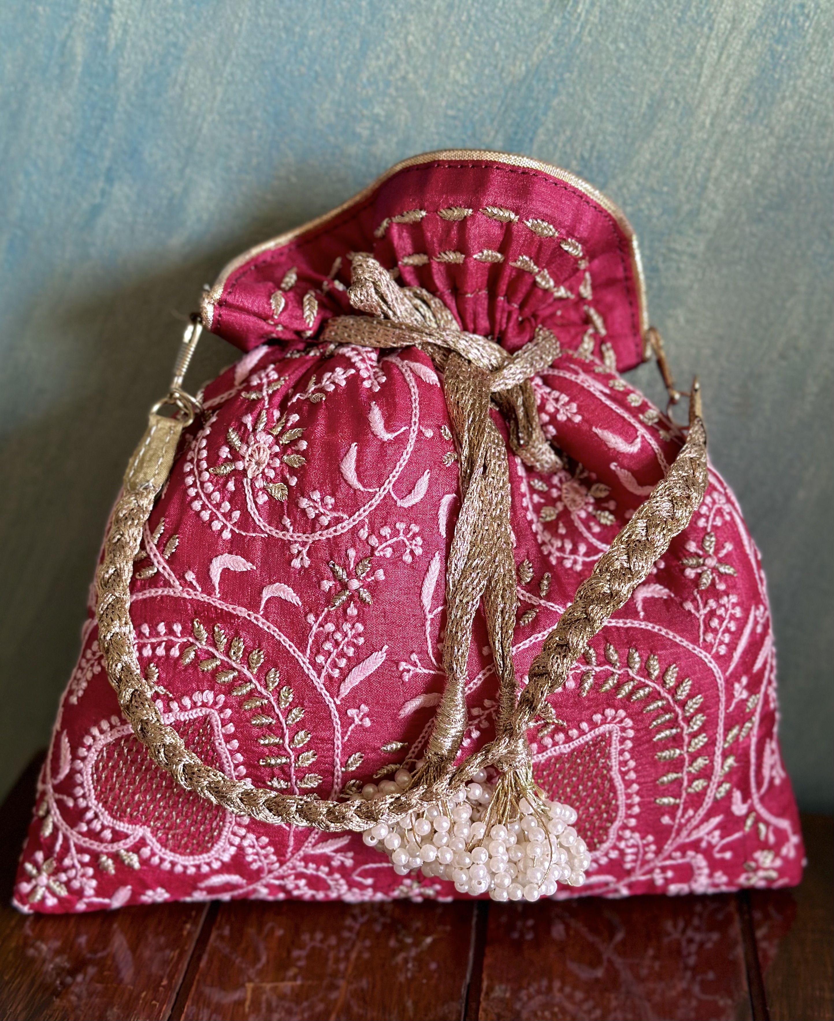 Red Tussar Silk Potli - Image 1