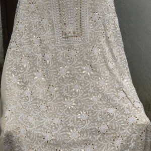 Off-White Pure Georgette Chikankari Kurta Dupatta Set - Image 3