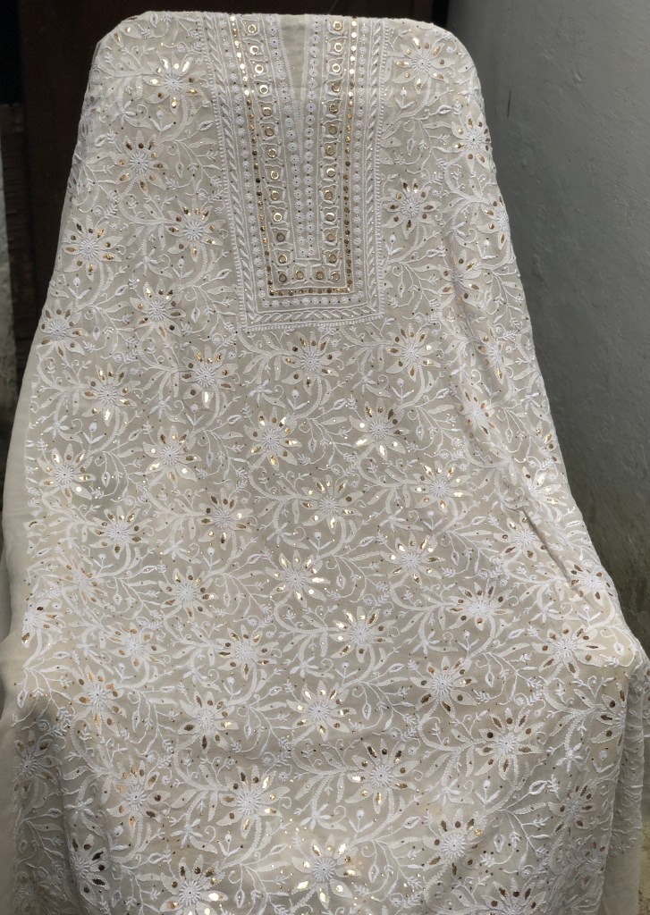 Off-White Pure Georgette Chikankari Kurta Dupatta Set