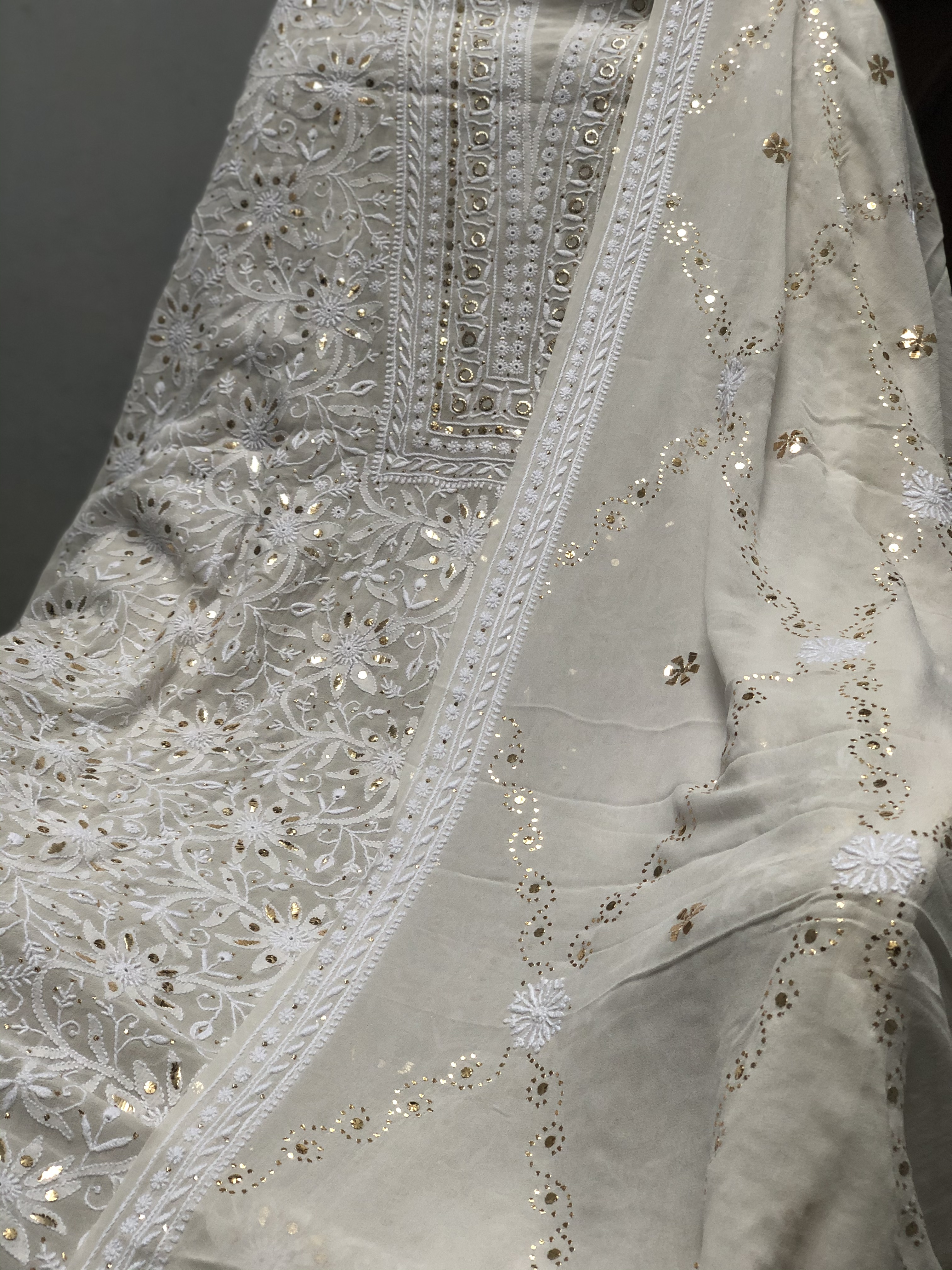off-white pure georgette chikankari kurta dupatta set-traditional party wear