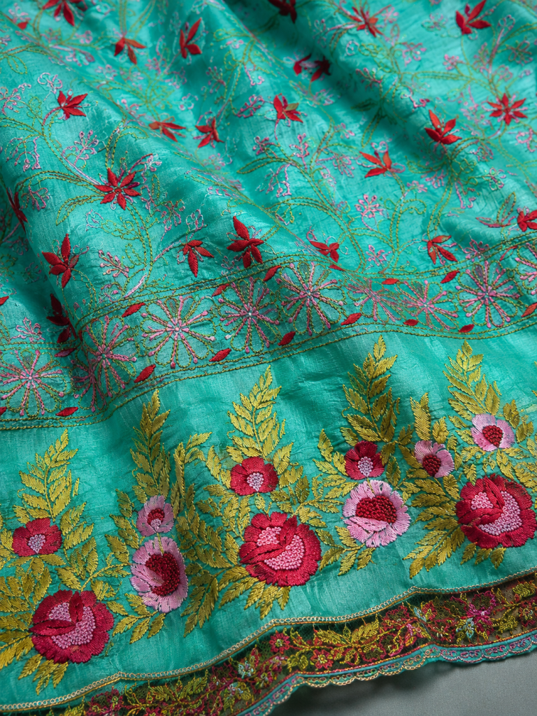 Peacock Green Muga Tussar Chikankari Kurta Piece with Parsi Gara Work