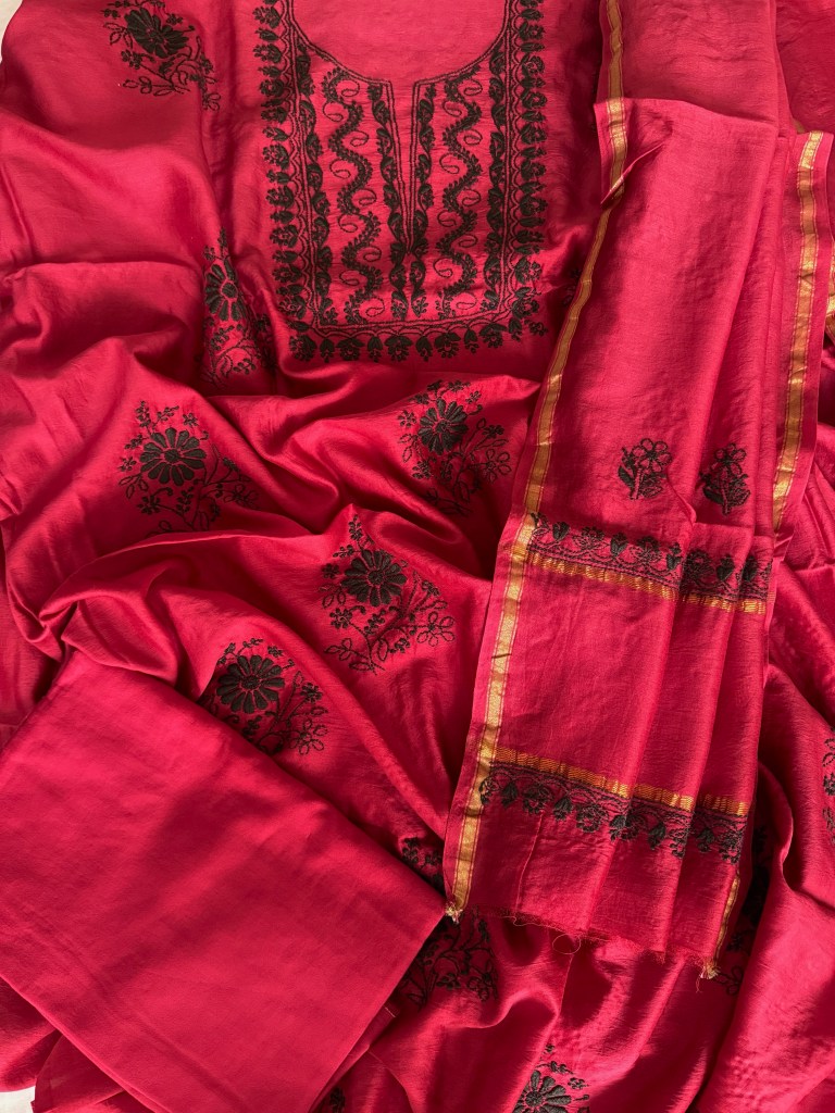 Ruby Red Chanderi Chikankari Kurta Dupatta Set