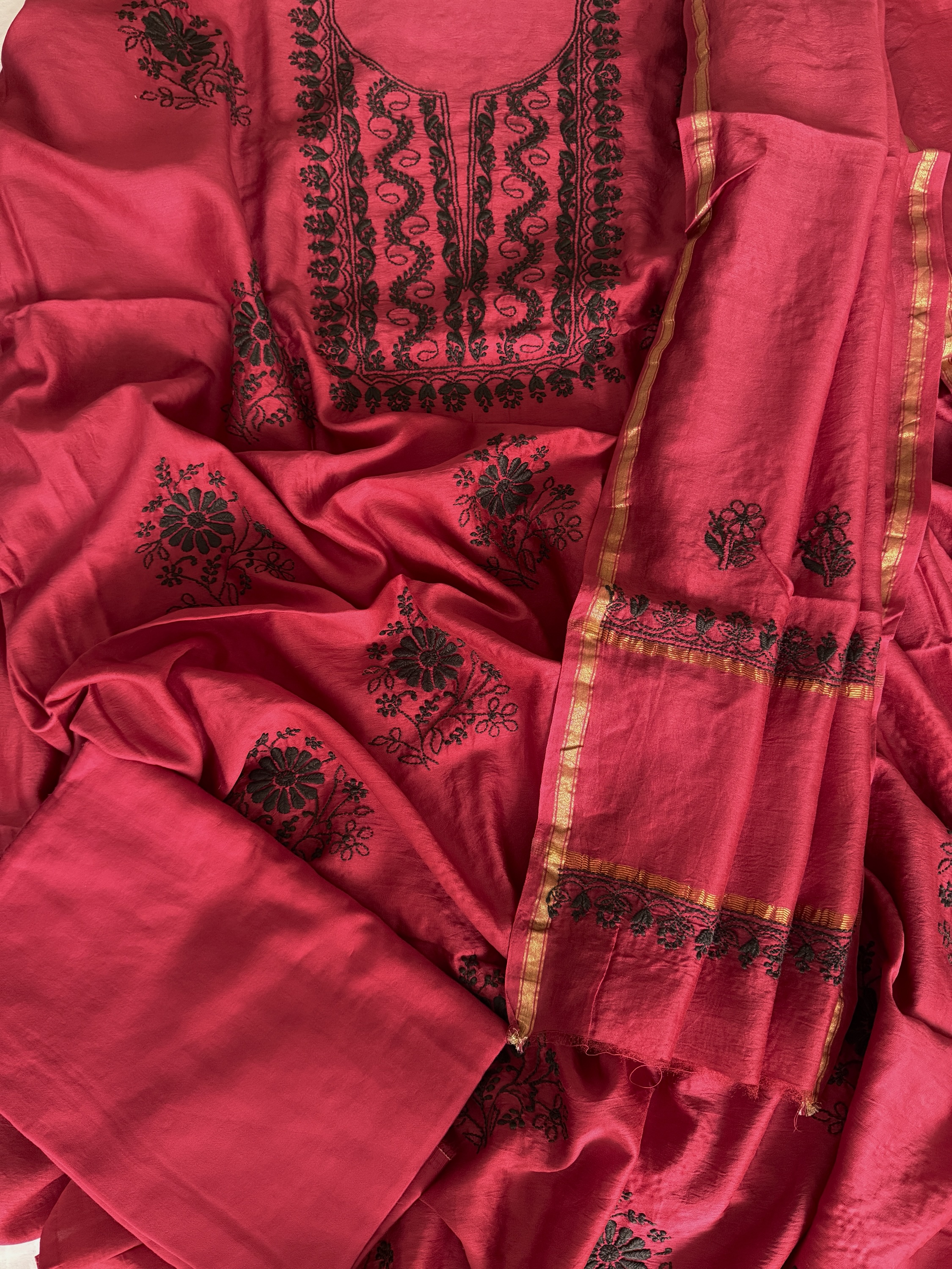 Ruby Red Chanderi Chikankari Kurta Dupatta Set - Image 1