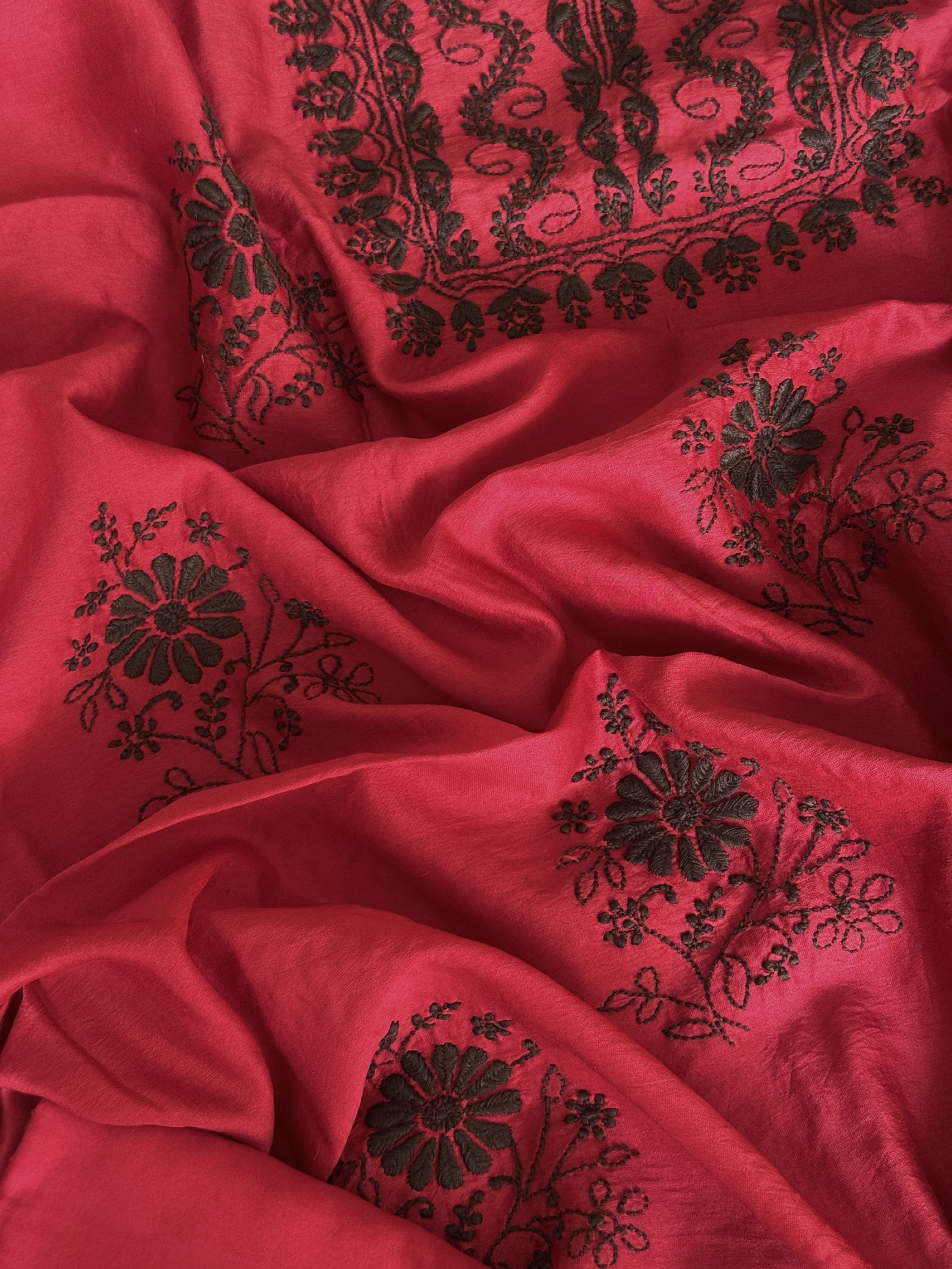 Ruby Red Chanderi Chikankari Kurta Dupatta Set - Image 3