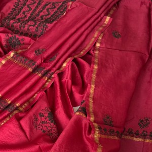 Ruby Red Chanderi Chikankari Kurta Dupatta Set - Image 2