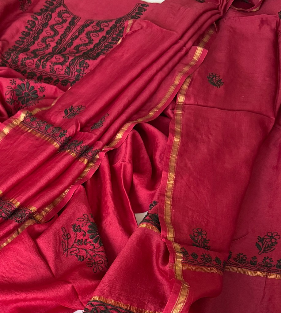 Ruby Red Chanderi Chikankari Kurta Dupatta Set