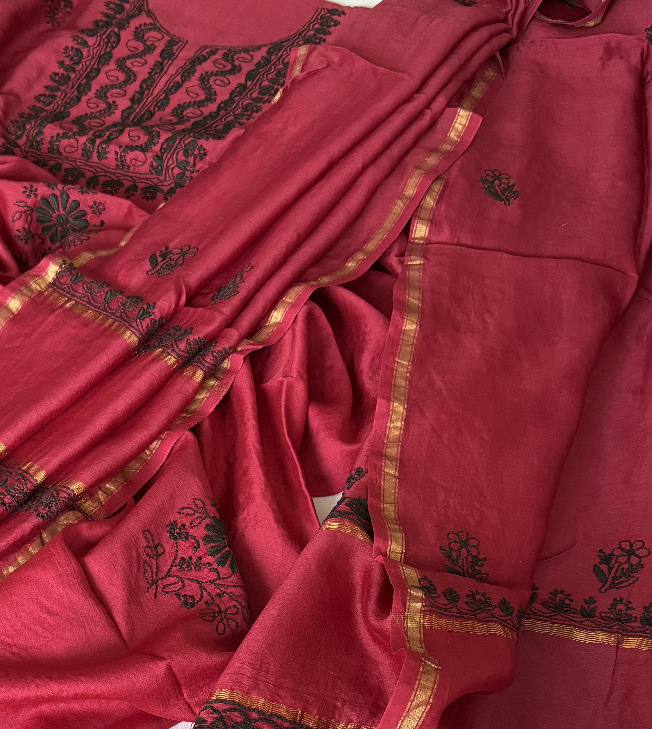 Ruby Red Chanderi Chikankari Kurta Dupatta Set - Image 2