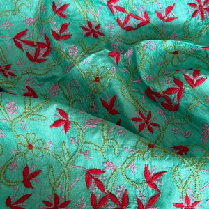 Peacock Green Muga Tussar Chikankari Kurta Piece with Parsi Gara Work - Image 5