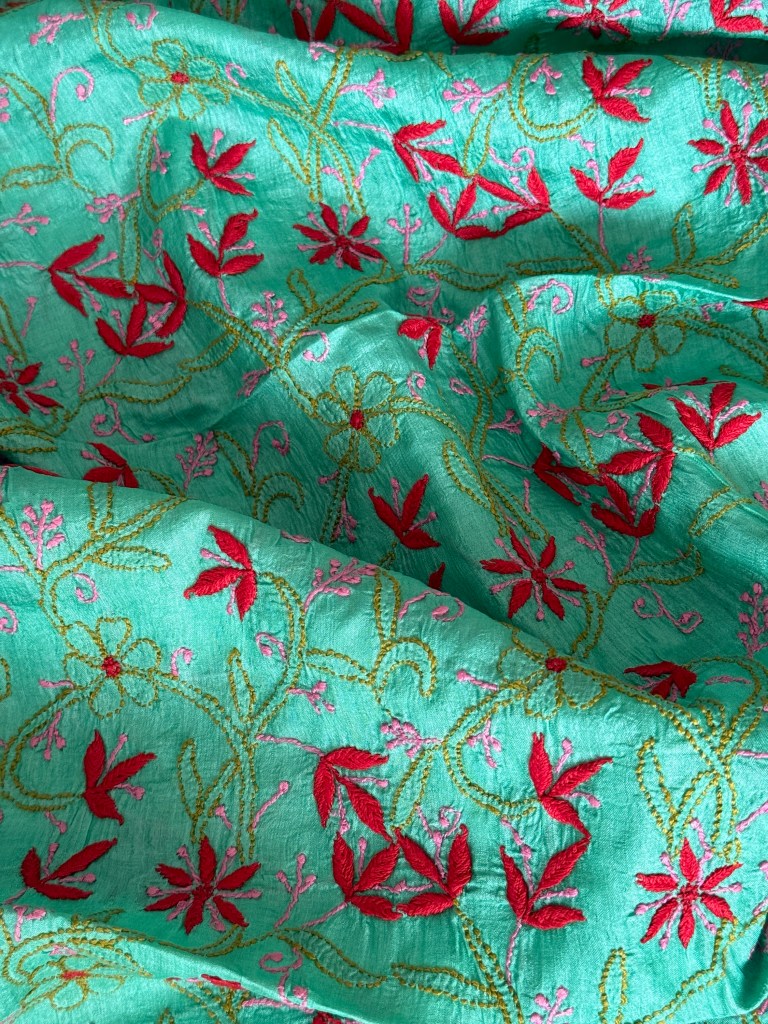 Peacock Green Muga Tussar Chikankari Kurta Piece with Parsi Gara Work
