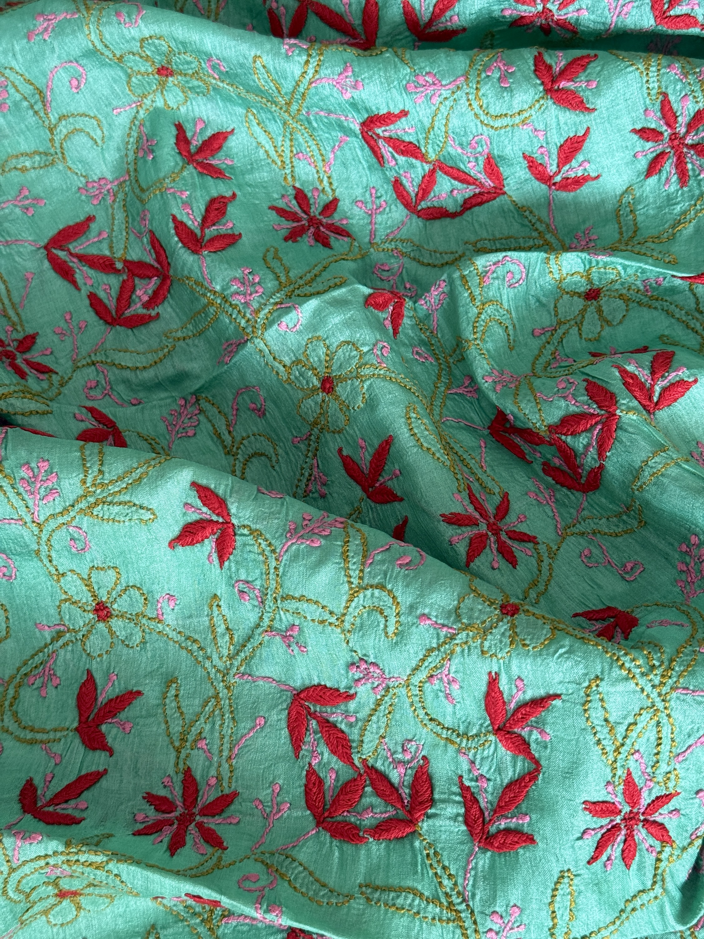 Peacock Green Muga Tussar Chikankari Kurta Piece with Parsi Gara Work - Image 5
