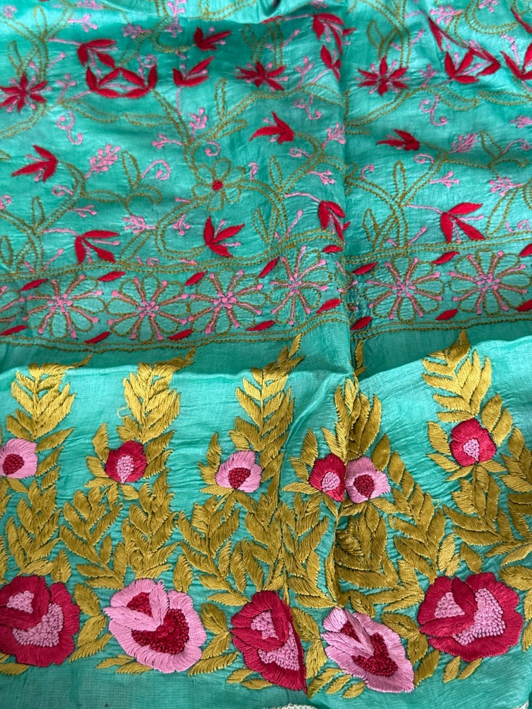 Peacock Green Muga Tussar Chikankari Kurta Piece with Parsi Gara Work