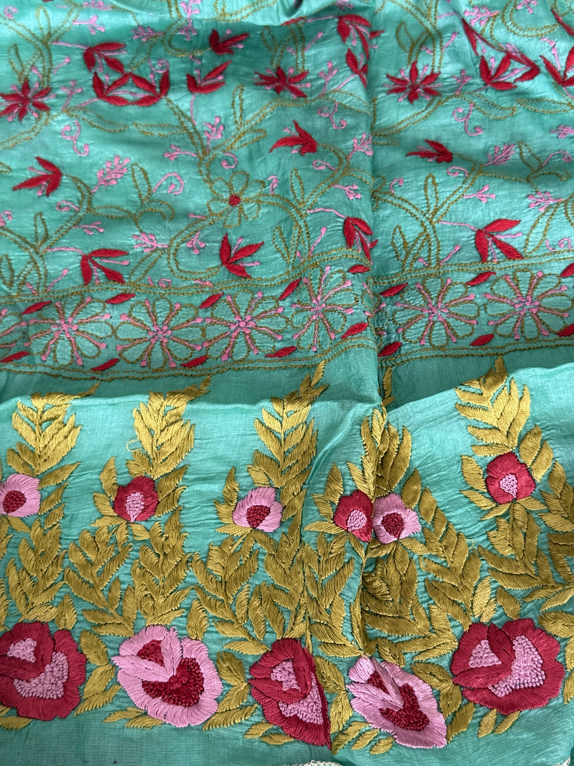 Peacock Green Muga Tussar Chikankari Kurta Piece with Parsi Gara Work - Image 6