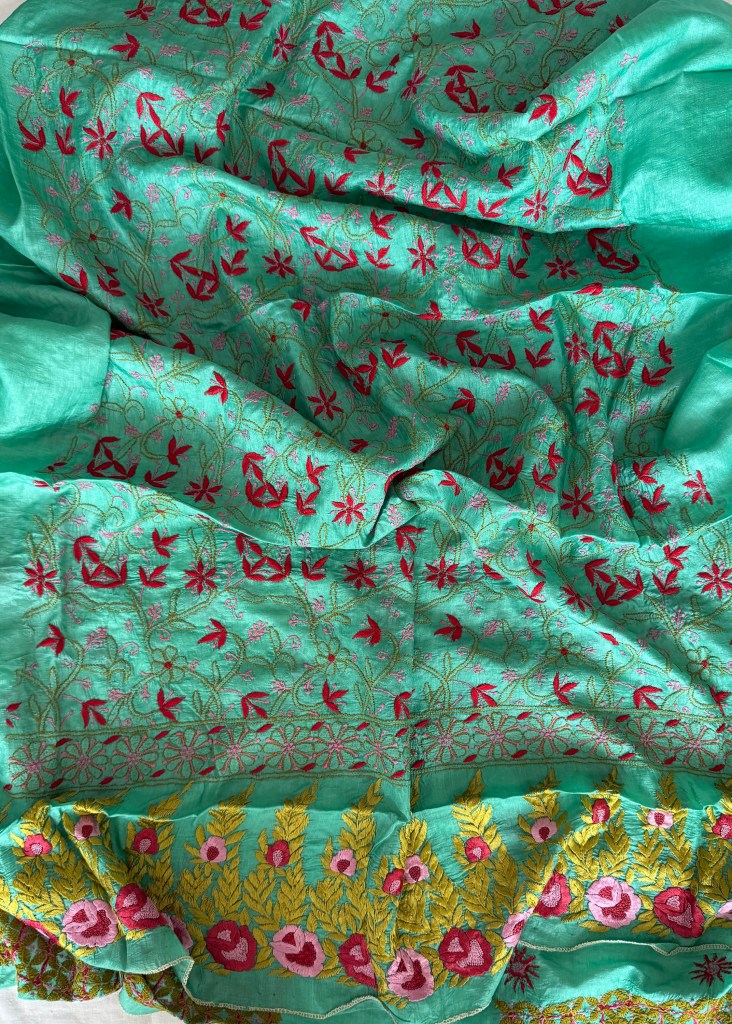 Peacock Green Muga Tussar Chikankari Kurta Piece with Parsi Gara Work