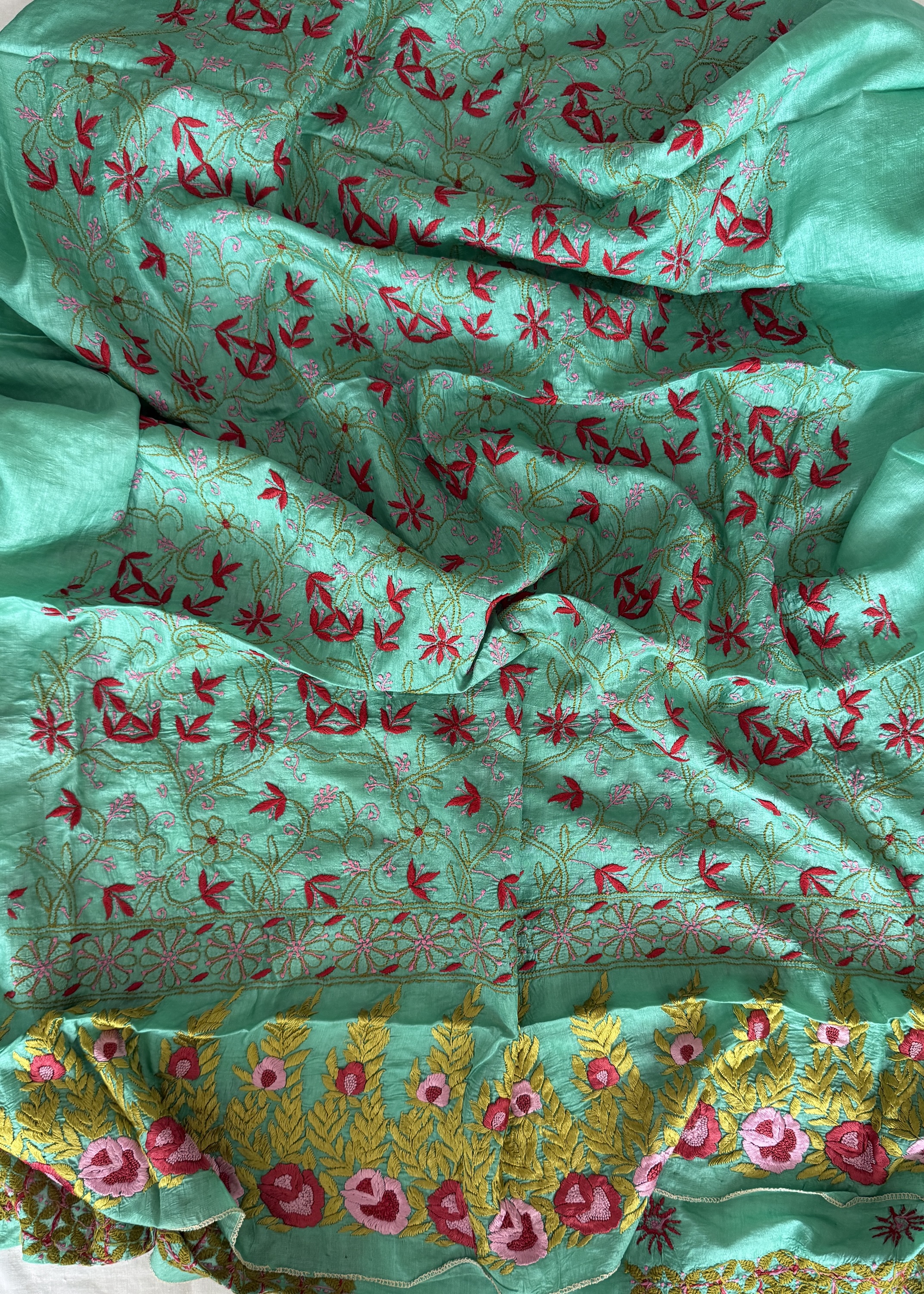Peacock Green Muga Tussar Chikankari Kurta Piece with Parsi Gara Work - Image 3