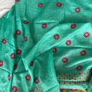 Peacock Green Muga Tussar Chikankari Kurta Piece with Parsi Gara Work - Image 4