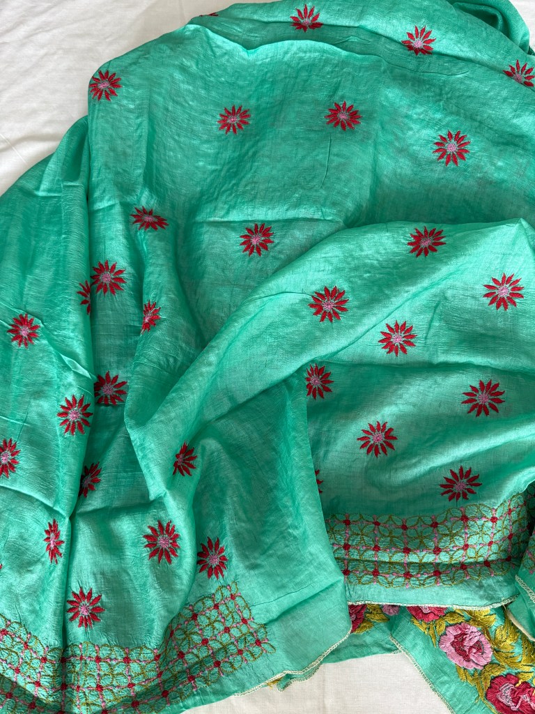Peacock Green Muga Tussar Chikankari Kurta Piece with Parsi Gara Work