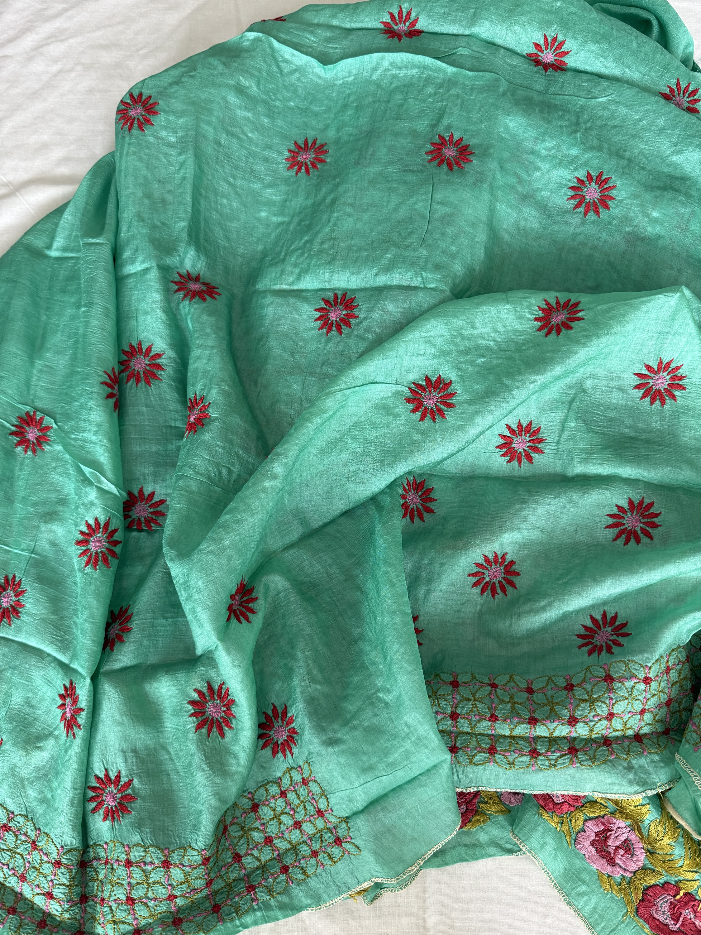 Peacock Green Muga Tussar Chikankari Kurta Piece with Parsi Gara Work - Image 4