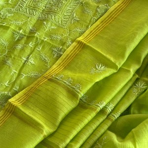 Pear green Chanderi Mul Chikankari Kurta Dupatta Set - Image 3