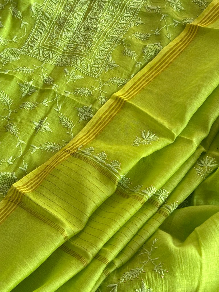 Pear green Chanderi Mul Chikankari Kurta Dupatta Set