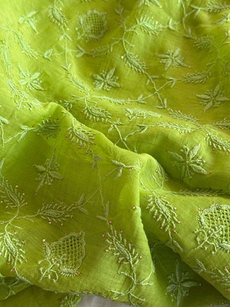Pear green Chanderi Mul Chikankari Kurta Dupatta Set