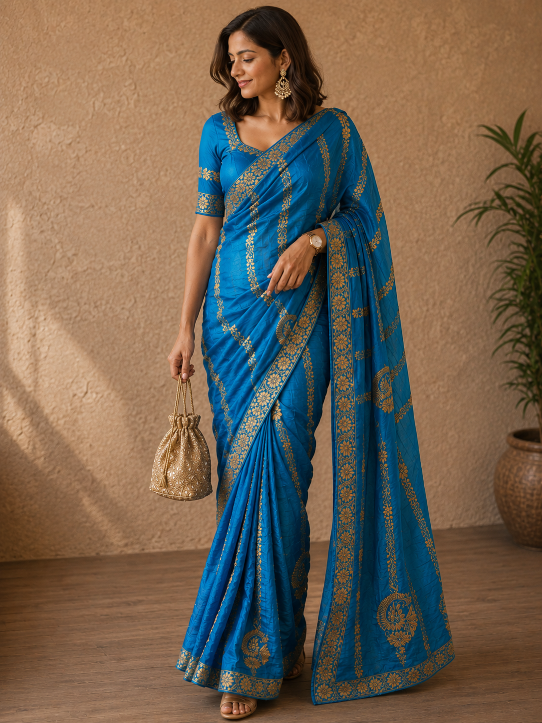 Blue Muga Tussar Silk Chikankari Saree - Image 1