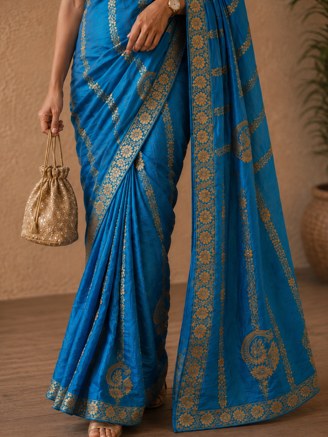 Blue Muga Tussar Silk Chikankari Saree - Image 3