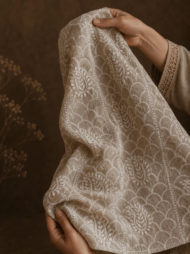 Beige Tussar Silk Chikankari Blouse Piece (one metre)