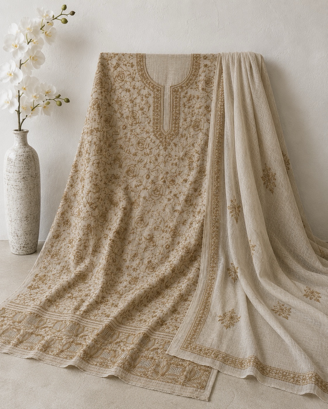 Camel Brown Khadi Kurta Dupatta Fabric - Image 1