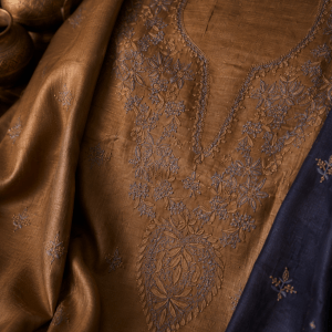 Caramel yellow Tussar Silk Kurta Dupatta & Pant Fabric - Image 2