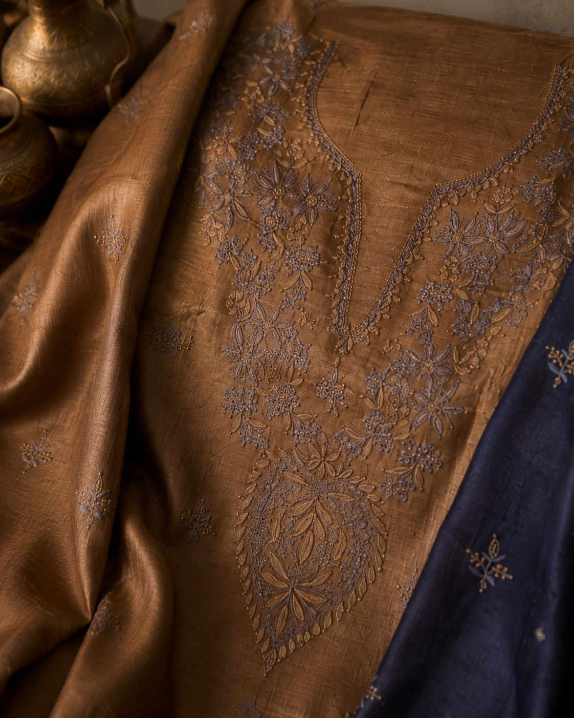 Caramel yellow Tussar Silk Kurta Dupatta & Pant Fabric - Image 2