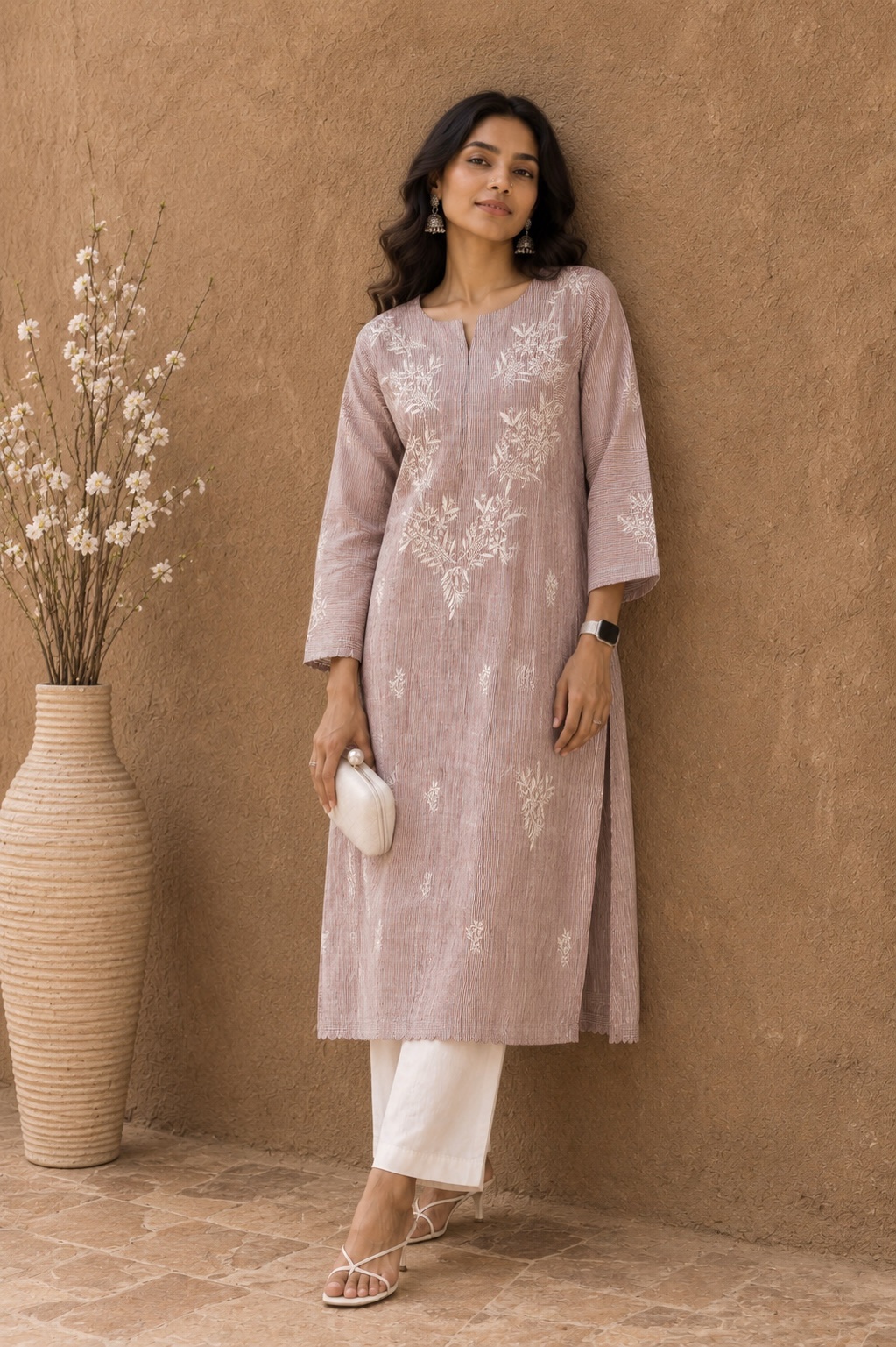 Pure Cotton Pink Pinstripe Chikankari Kurti - Image 1