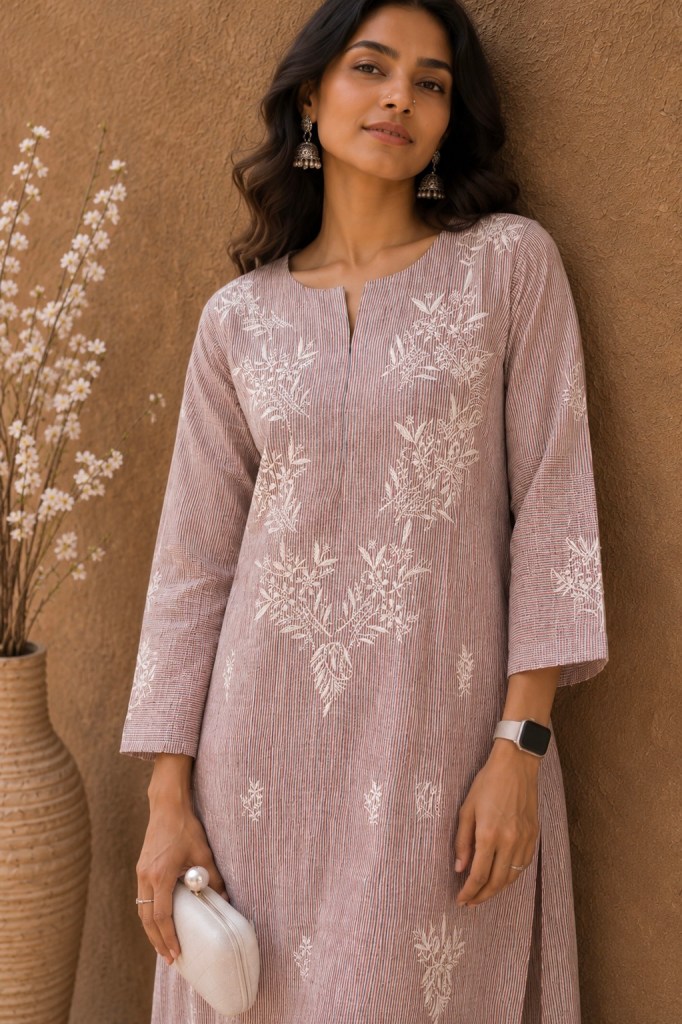 Pure Cotton Pink Pinstripe Chikankari Kurti
