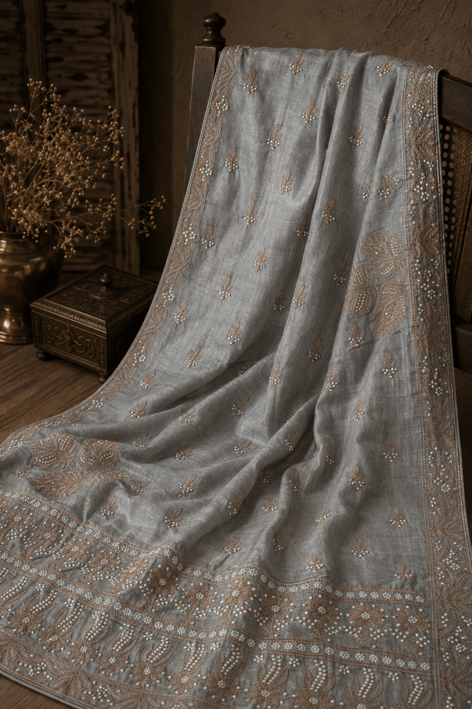 Grey Muga Tussar Silk Chikankari Saree with blouse