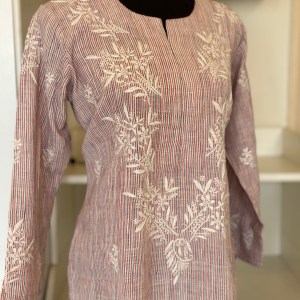 Pure Cotton Pink Pinstripe Chikankari Kurti - Image 2