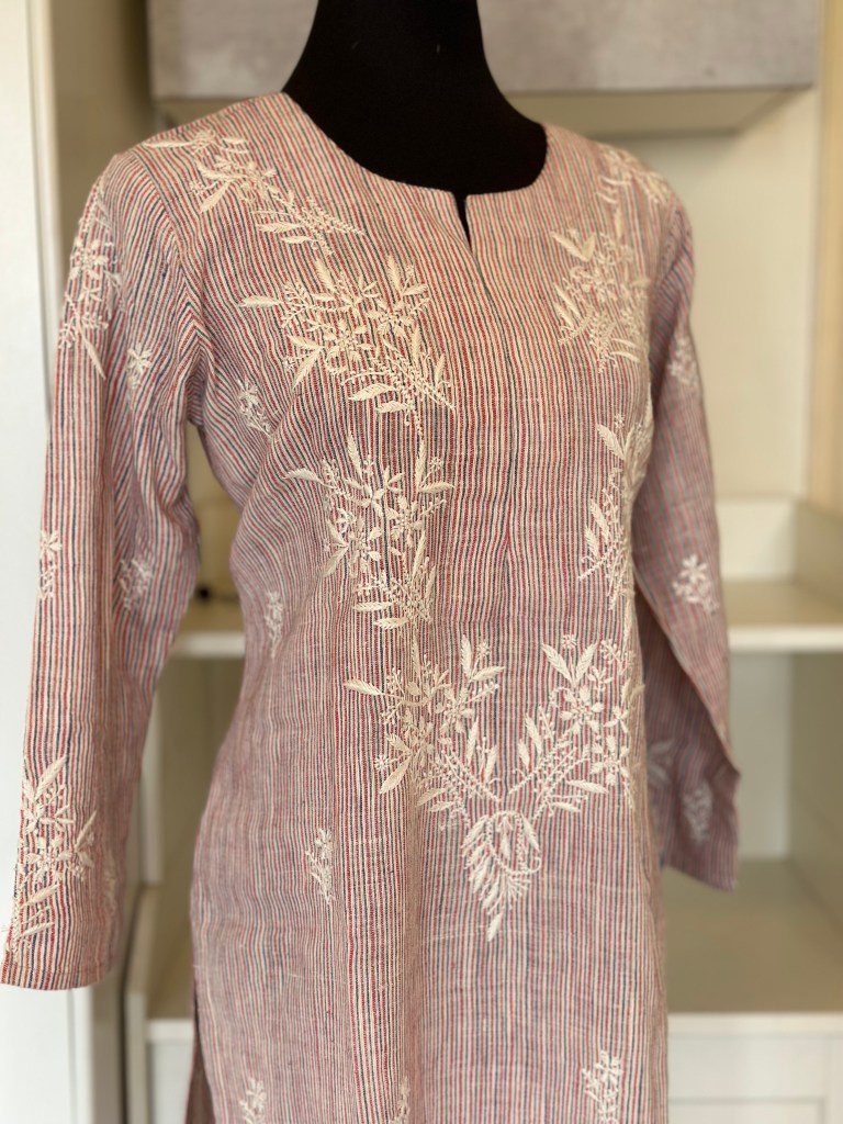Pure Cotton Pink Pinstripe Chikankari Kurti