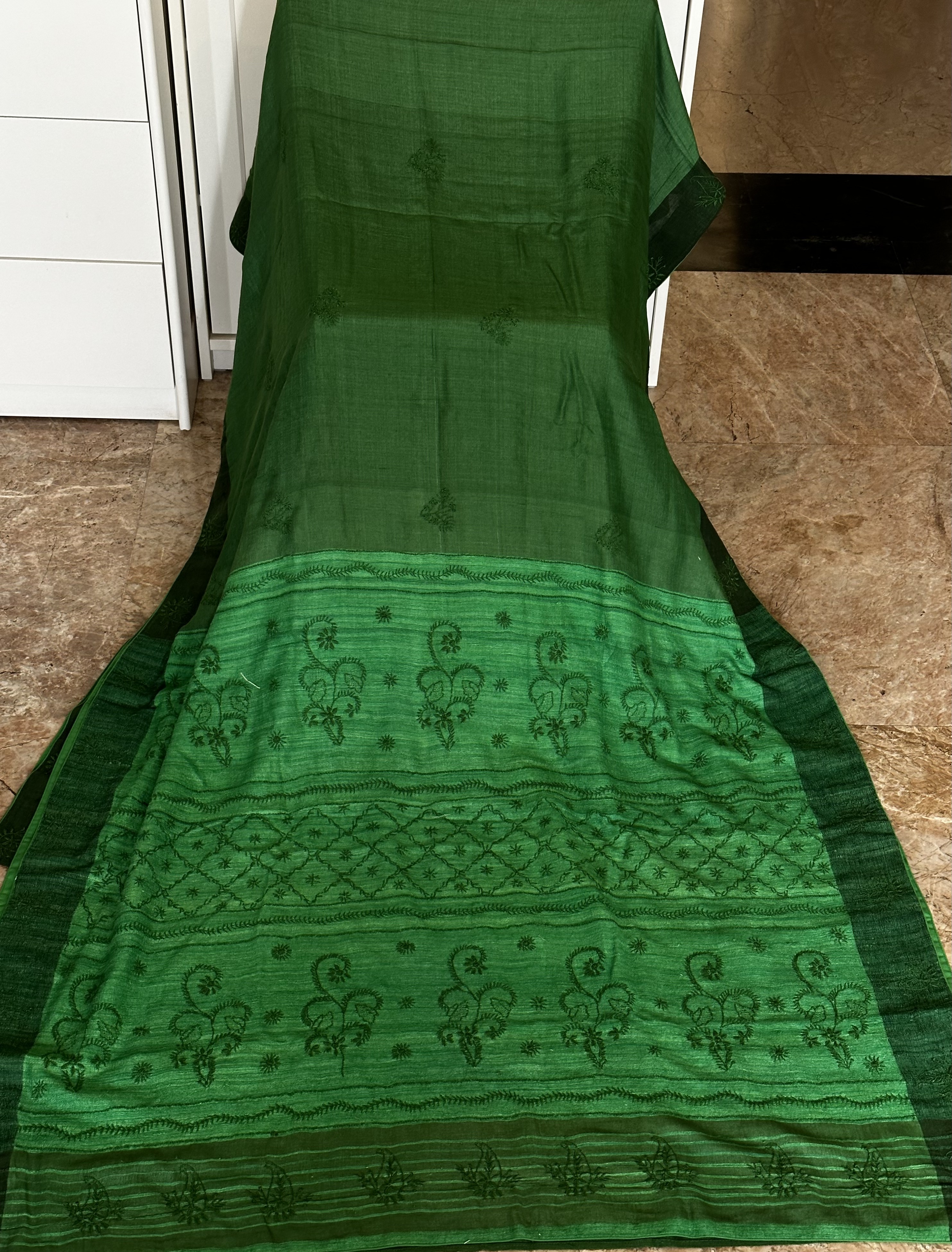 Green Pure Muga Silk Chikankari Saree - Image 1