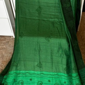 Green Pure Muga Silk Chikankari Saree - Image 2