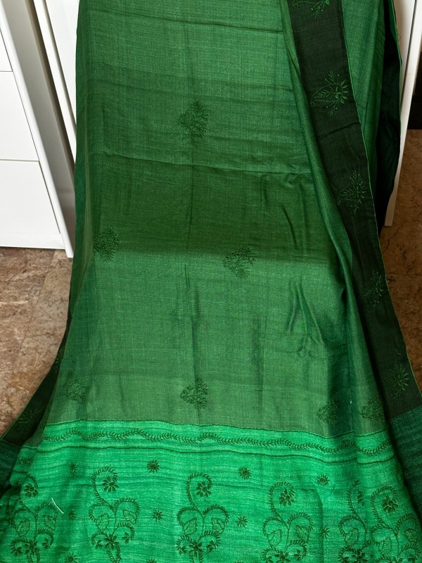 Green Pure Muga Silk Chikankari Saree