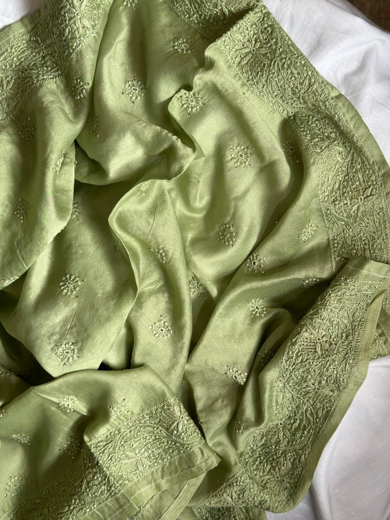 Olive Green Chanderi Chikankari Blouse Piece (one metre)