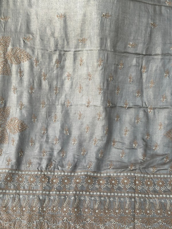 grey muga tussar silk chikankari saree with blouse