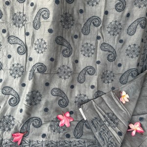 grey tussar silk chikankari saree